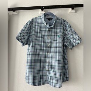 U.S. Polo Assn blue and green plaid short sleeve button down shirt. XL and EUC!